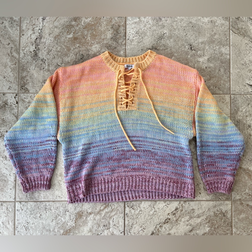 525 America Born in Brooklyn NWT Lace-Up V-Neck Rainbow Marled Knit Sweater, L - Picture 13 of 13